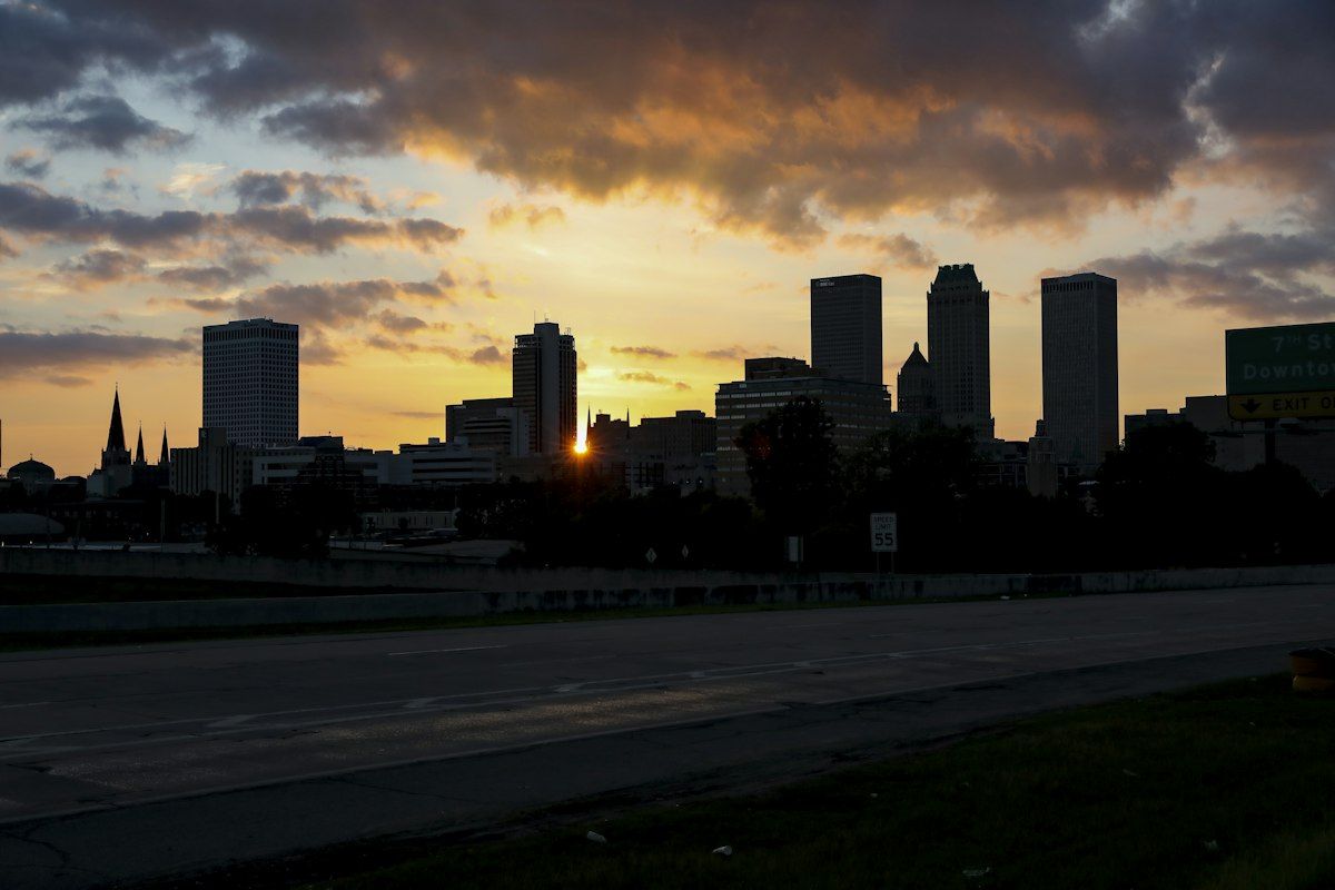 Downtown Tulsa skyline at sunset